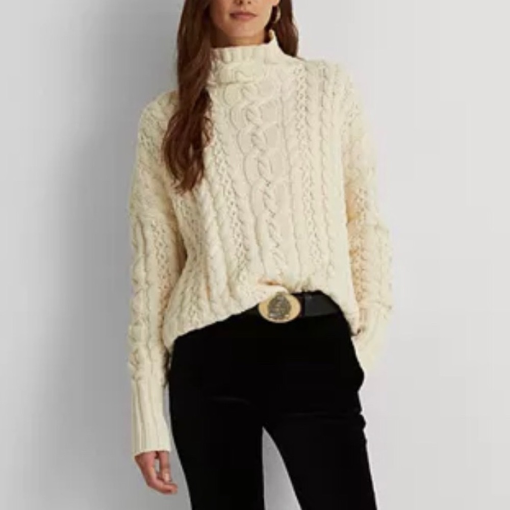 NWT Lauren Ralph Lauren Pearl Mock Neck Cable Knit cashmere blend sweater XL